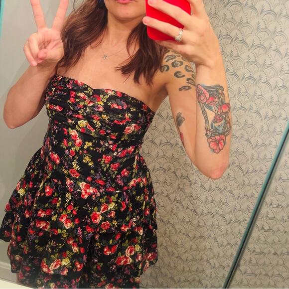 BODY CENTRAL Black Multicolored Floral Tiered Strapless Mini Dress 90’s Theme MD - Picture 1 of 7